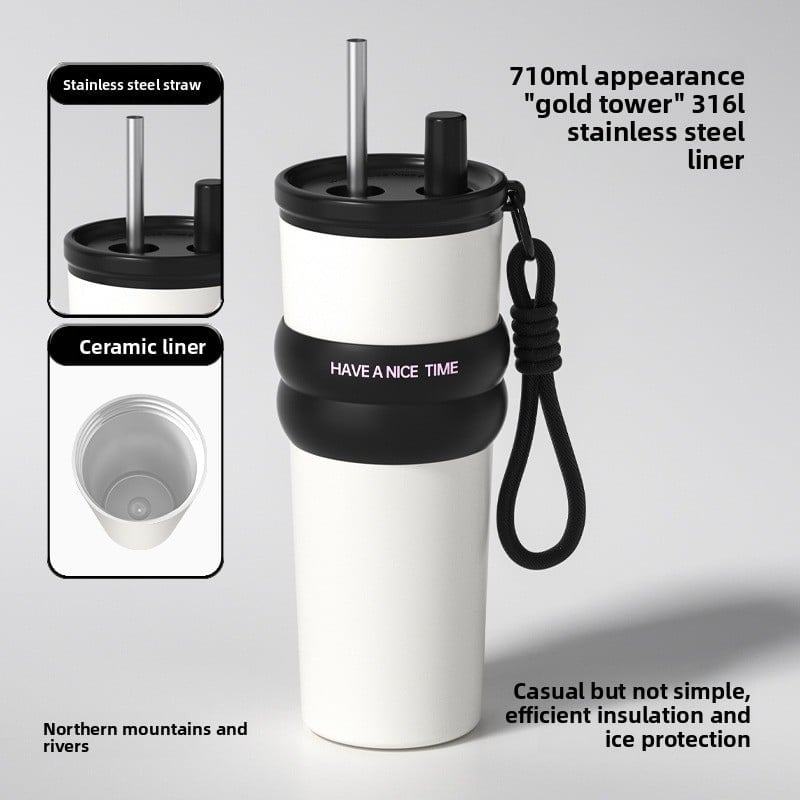 car cup large capacity straw coffee cup 316 stainless steel ceramic liner thermos cup car ice bully cup